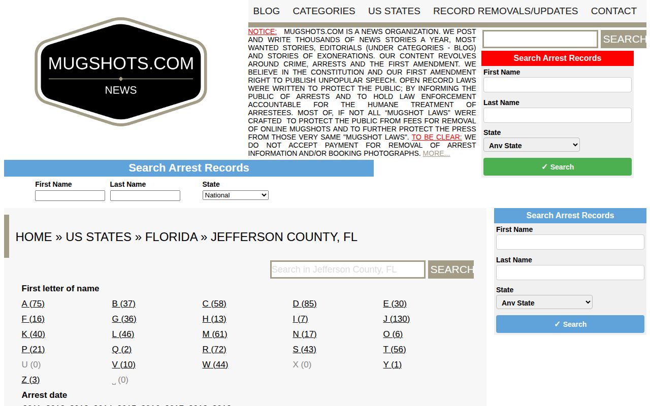 Unofficial Mugshots.com historical Jefferson County Florida archive filter