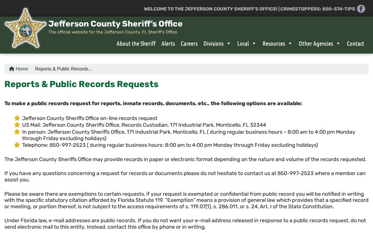 Jefferson County booking record and mugshot request policy