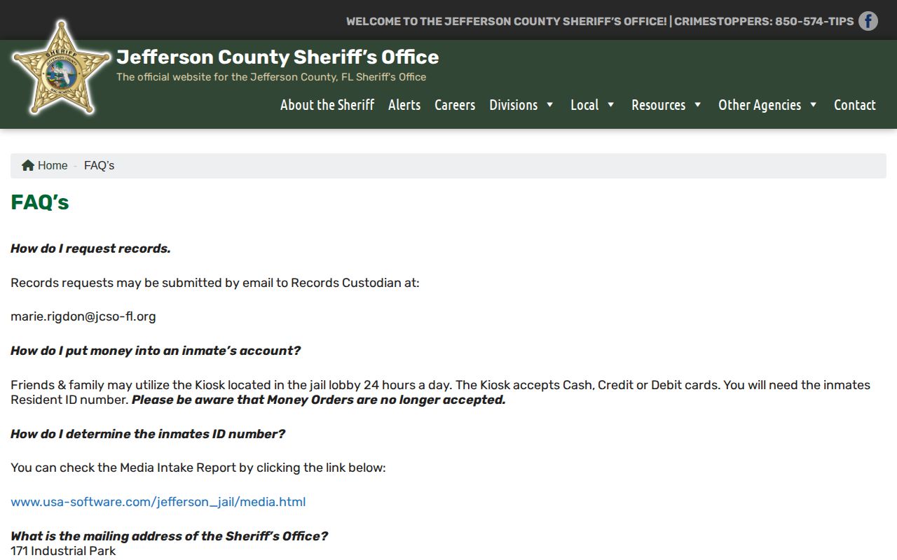 Jefferson County Jail roster and Media Intake Report link